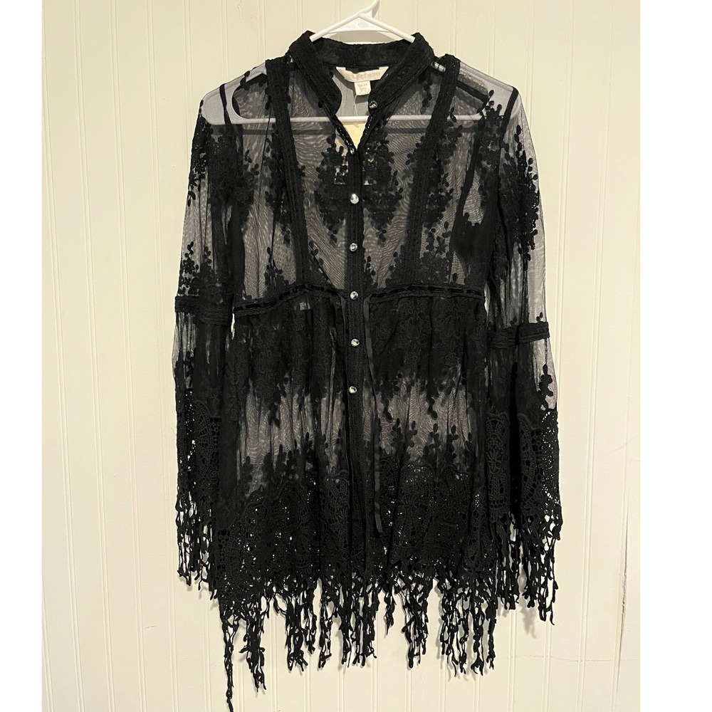 Boston Proper Lace Tunic Top XS Black Sheer Fringe Bell Sleeve Whimsigoth